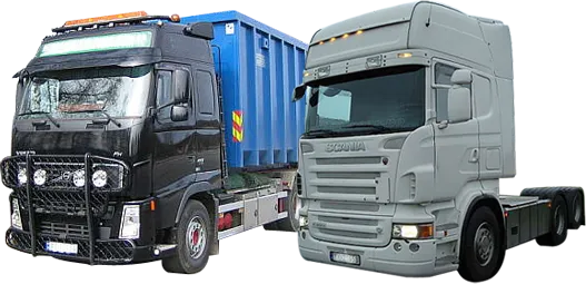 En Volvo-lastbil med container och en Scania-dragbil